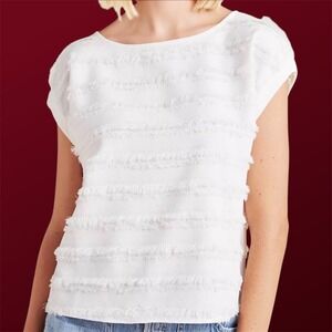 Maeve Anthropologie White Fringe Textured Short Sleeve Top Size 6